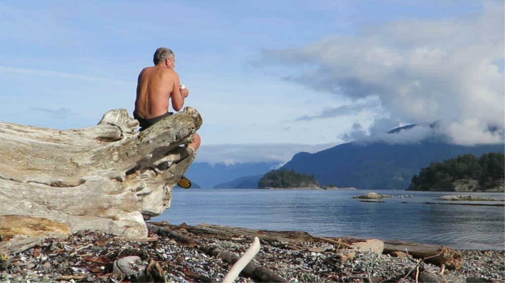 Man sitting on rock overlooking ocean